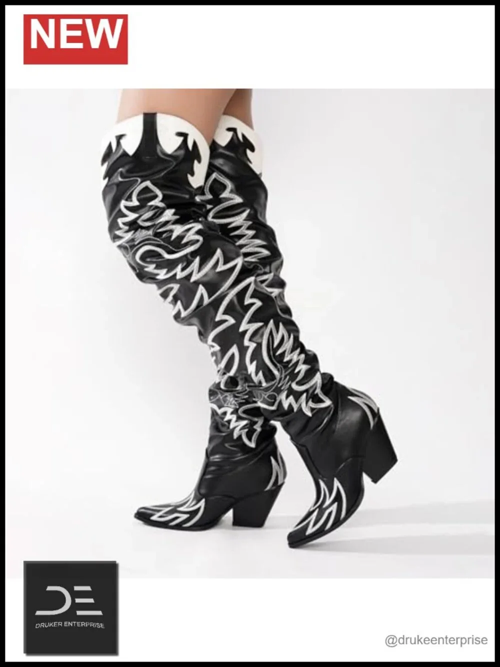 Faux Leather Slouchy Thigh High Chunky Heel Western Cowboy Boots